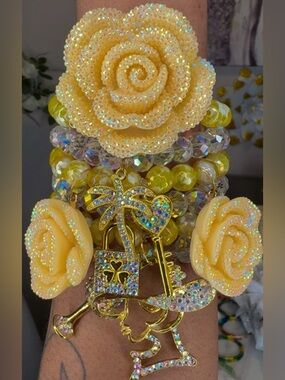 Yellow Agate gemstone with crystal glass beads Bracelet Stack